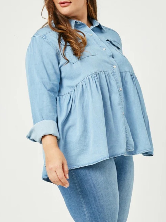 Hayden Tops - Denim Blue Western Shirt Hayden 3XL Pearl Snaps Peplum Long Sleeves Pockets